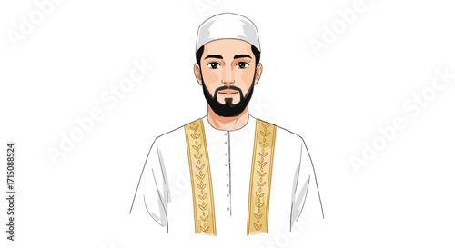 Muslim Man Wearing Traditional White Islamic Clothing and Cap Standing Isolated on White Background