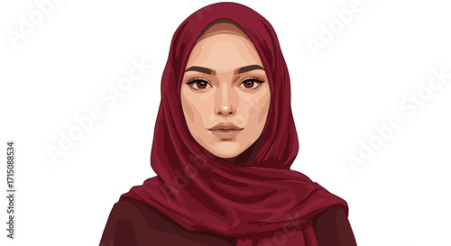 Portrait of a Beautiful Young Woman Wearing a Burgundy Hijab and a Dark Top Isolated on a White Background