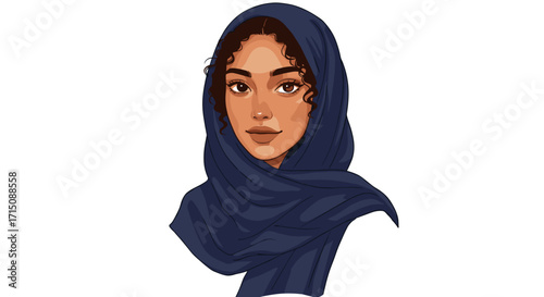 Beautiful Muslim Woman Wearing a Dark Blue Hijab Isolated on White Background
