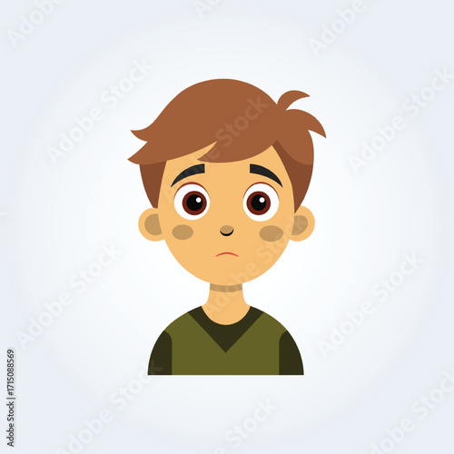 A cartoon character illustration of a boy has a confused face with a dark green shirt