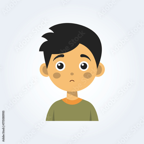 A cartoon character illustration of a boy has a confused face with open eyes, with black hair