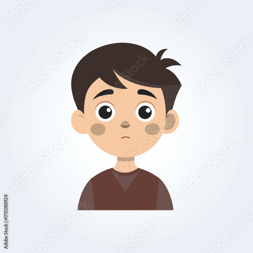 A cartoon character illustration of a boy has a confused face with open eyes
