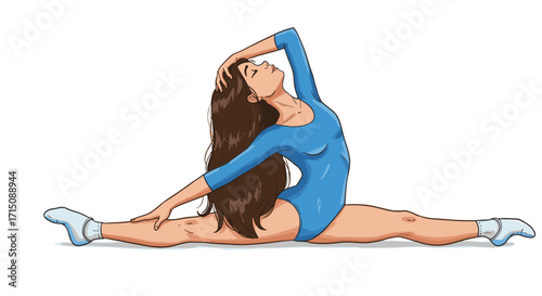 Young woman doing a full split exercise in a blue leotard isolated on white background