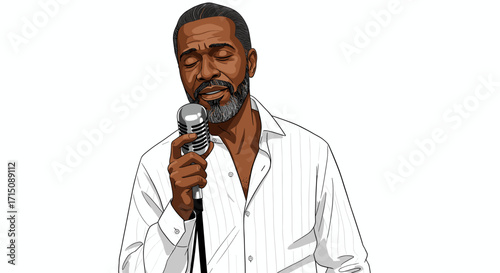Mature African American man singing soulfully into vintage microphone isolated on white background