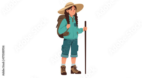 Adventurous young girl wearing hat and backpack holding walking stick isolated on white background