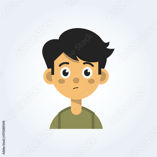 A cartoon character illustration of a boy has a confused face with black hair and open eyes