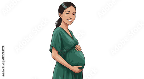 Young Asian pregnant woman wearing green dress holds her belly isolated on white background