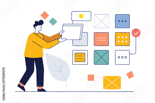 Person arranging digital interface elements with a leaf and envelope icon organizing