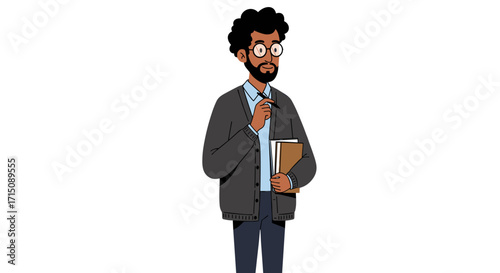 Illustration of a black man wearing glasses and a cardigan holding books and a pen isolated on white background
