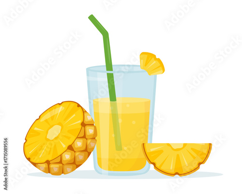 Fresh Pineapple juice in glass and pieces of pineapples. Diet vitamin juice or smoothie. Detox fruit cocktail for healthy dieting. Vector illustration isolated on white background.