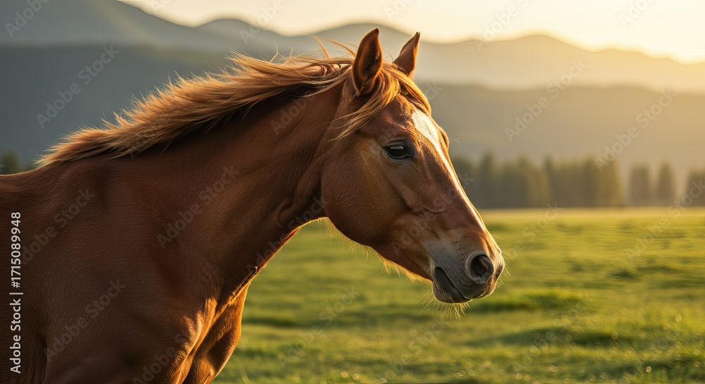Obraz premium Brown horse in a green field with a white stripe on its face and a mountain backdrop bathed in golden light