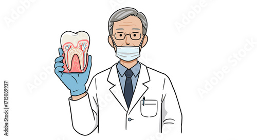 Dentist Holding Tooth Model Examining Dental Health and Oral Care Illustration Isolated on White Background