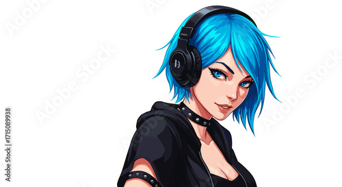 Young Woman with Blue Hair and Headphones Listening to Music Cool and Confident Style Isolated on White Background