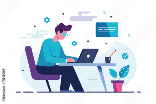 Person with glasses working on laptop at desk with plant and checkmark icon computer