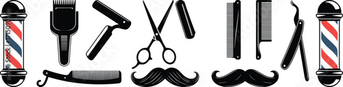 Barber tool icons front view, scissors razor comb clipper mustache pole silhouette, grooming symbol, hair styling equipment, salon illustration