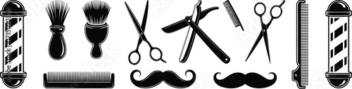 Barber tools, vintage grooming, shaving brush, scissors, straight razor, mustache icons, comb, barber pole, haircut, monochrome, illustration