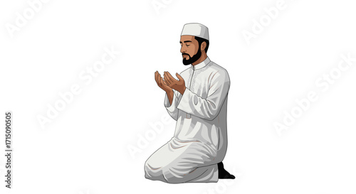 A Muslim man in traditional white attire prays on his knees with his hands raised in supplication isolated on a white background