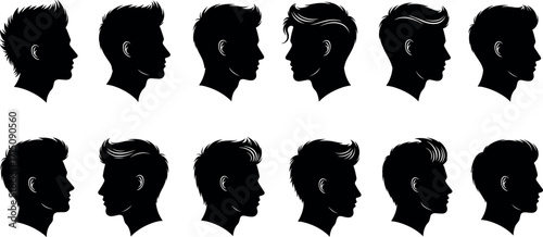 Male hairstyle silhouette collection featuring modern haircuts, barber styles, trendy profiles, black vector heads, side view haircut icons