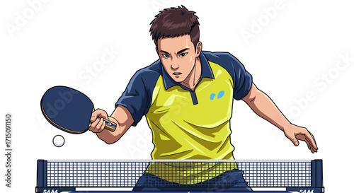 Young man playing table tennis sport focused on the game energetic athletic action isolated on white background