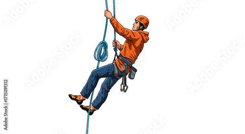 Person rappelling down a cliff face wearing climbing gear isolated on white background cartoon illustration