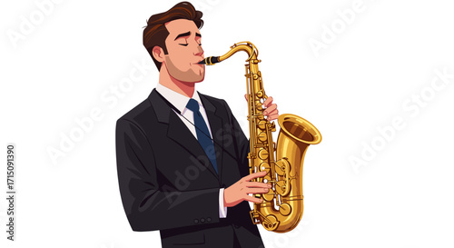 Man in Suit Playing Golden Saxophone with Eyes Closed Enjoying the Music Performance on White Background