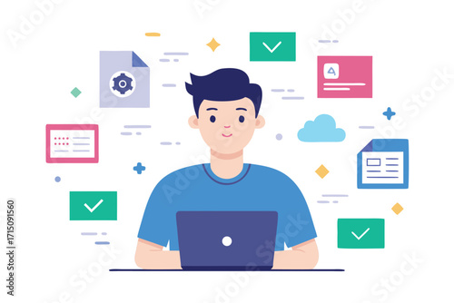 Young man with laptop surrounded by digital icons and documents for online work male person