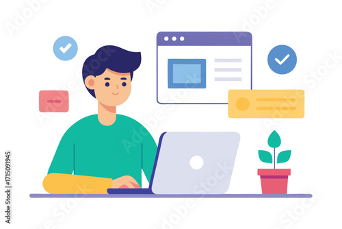 Young man working on a laptop with website interface and checkmarks computer desk
