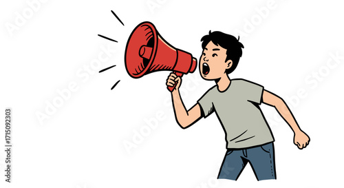 Young boy shouting announcement through a red megaphone on a white background