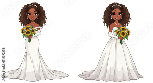Beautiful Bride Diverse Ethnic Group Woman Holding Sunflower Bouquet Wedding Dress Styles Isolated White Background Cartoon Illustration