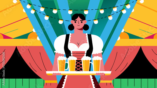 Female server in traditional attire holds a tray with beer mugs, surrounded by festive decorations and colorful lights, capturing the lively spirit of a cultural celebration