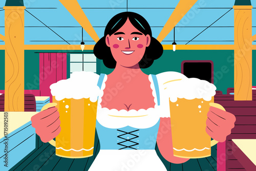 Woman in traditional attire joyfully holds two large beers in a festive atmosphere, showcasing celebration and camaraderie during a cultural event with vibrant colors and lively decor