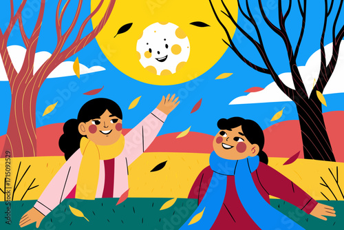 Two cheerful girls enjoying autumn day, surrounded by colorful falling leaves, bright sun, and vibrant trees, celebrating the beauty of the season with joy and laughter