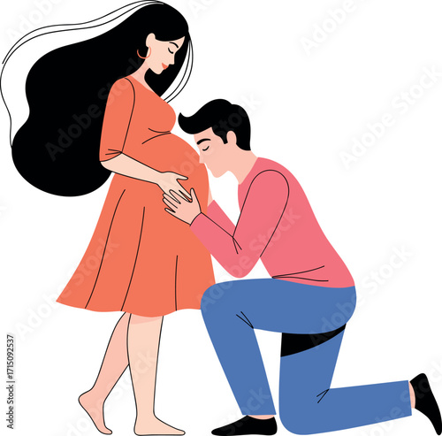 Pregnant couple illustration showing love, care, and connection during maternity—man listening to baby, woman in orange dress, barefoot moment