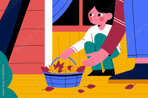 Child gathering colorful autumn leaves in a blue basket on wooden porch, surrounded by vibrant seasonal decor, capturing the essence of fall gardening and outdoor activities