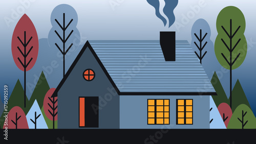 Cozy blue house with warm glowing windows, surrounded by colorful autumn trees and mountains, creating a serene autumn vibe and inviting atmosphere