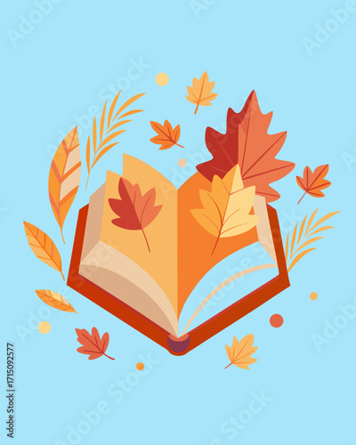 Open book illustration surrounded by colorful autumn leaves, showcasing vibrant fall foliage and seasonal elements, capturing the essence of autumn vibes and nature's beauty