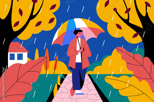 Colorful illustration of a person walking with an umbrella on a rainy autumn day, surrounded by vibrant leaves and a cozy house, capturing the essence of autumn melancholy