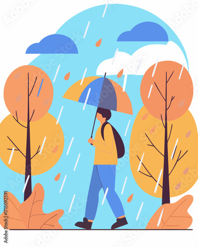 Illustration of a person walking with an umbrella through a rainy autumn landscape, surrounded by colorful trees, evoking feelings of melancholy and light sorrow in the atmosphere