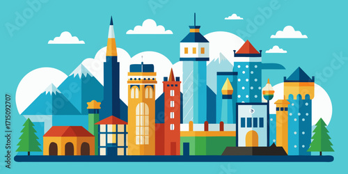 Vector skyline illustration featuring iconic structures, vibrant colors, and Oktoberfest elements like tents and beer mugs, capturing festive atmosphere and cultural celebration