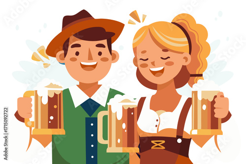 Happy couple celebrating Oktoberfest, wearing traditional attire, holding large beer mugs, surrounded by festive atmosphere, showcasing joy and cultural celebration