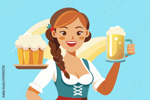 Cheerful woman in traditional attire holding a beer mug and a tray of beer, set against a vibrant background, celebrating festive spirit and cultural traditions