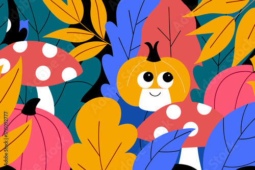 Colorful autumn illustration featuring whimsical mushrooms, vibrant leaves, and playful pumpkins, creating a cheerful harvest vibe with a lively atmosphere and enchanting details