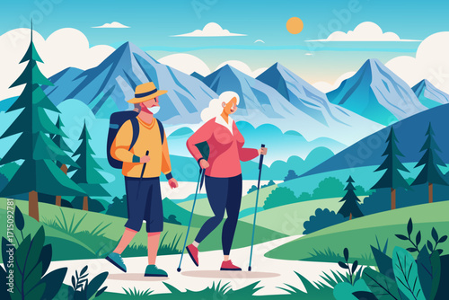Elderly couple enjoying Nordic walking in a picturesque landscape, surrounded by mountains and trees, embracing autumn's beauty and promoting an active lifestyle