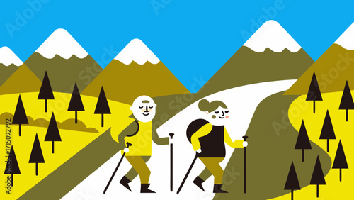 Elderly couple enjoying Nordic walking in autumn landscape with vibrant trees, mountains, and clear blue sky, promoting health and outdoor activity for seniors