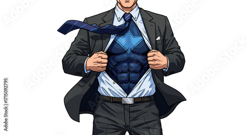 Businessman Revealing Superpower Physique Underneath Business Suit Strong Muscular Chest Heroic Strength Determination Success