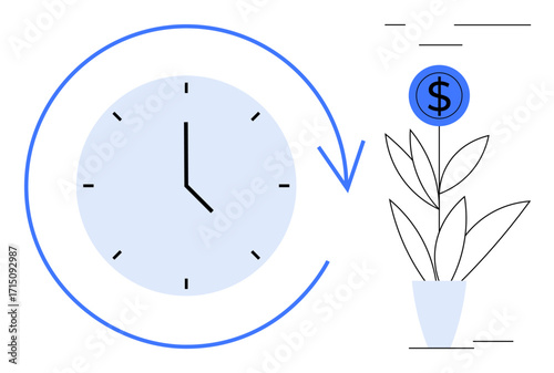 Clock with arrow circling, plant sprouting dollar symbol in blue pot. Ideal for time management, investment, saving, financial planning, growth, productivity, simple flat metaphor