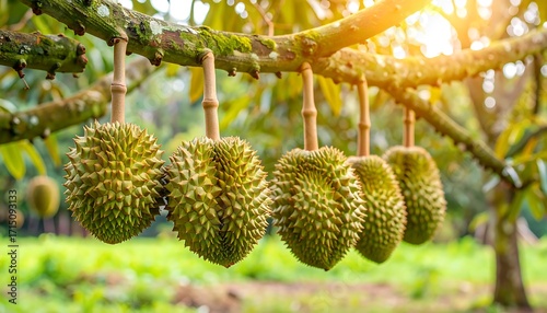 Durian fruits hanging from branches in a garden