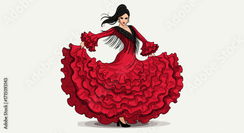 Beautiful Spanish Dancer in Flowing Red Dress Performing Flamenco Isolated on White Background