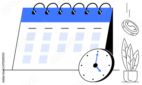 Spiral-bound calendar, clock with arrows, coin, and plant. Ideal for scheduling, planning, productivity, time tracking goal setting financial management daily work. Simple flat metaphor