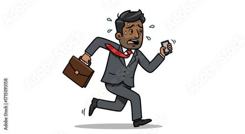Cartoon man in suit running late for meeting checking phone stressed isolated on white background
